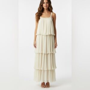 Bohemian Creme Tiered Ruffle Maxi Dress Ribbed Adjustable Strap Size Medium